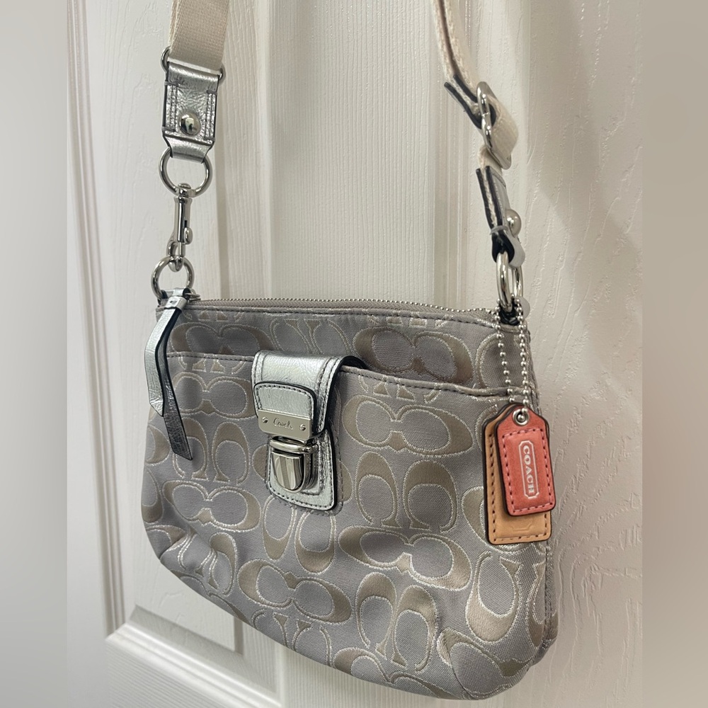Coach Poppy Signature Metallic Silver and cream Crossbody Bag